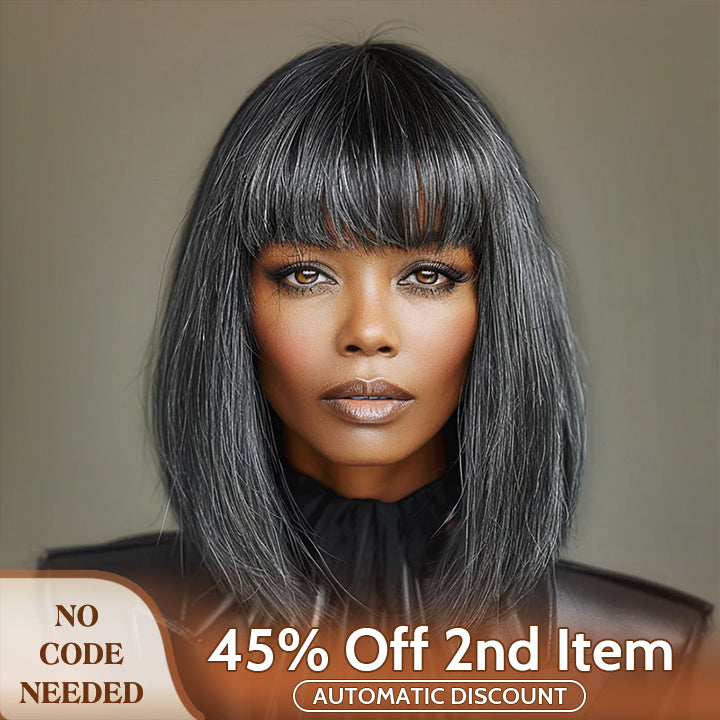 Chic Medium Salt & Pepper Straight Bob Wig With Bangs Real Glueless Human Hair Wigs For Women