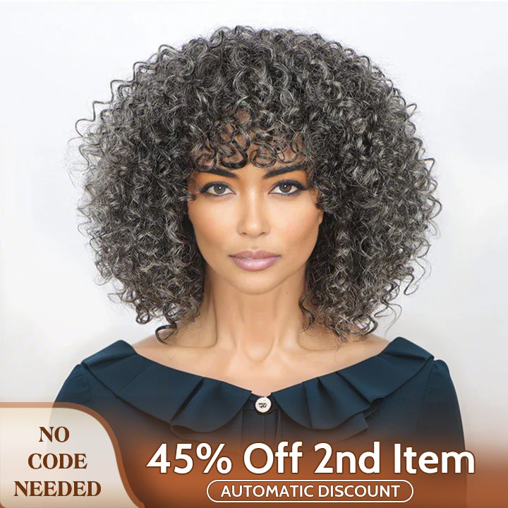 Dark Gray Curly Bob Wig With Bangs Glueless Wear & Go Human Hair Salt And Pepper Wigs