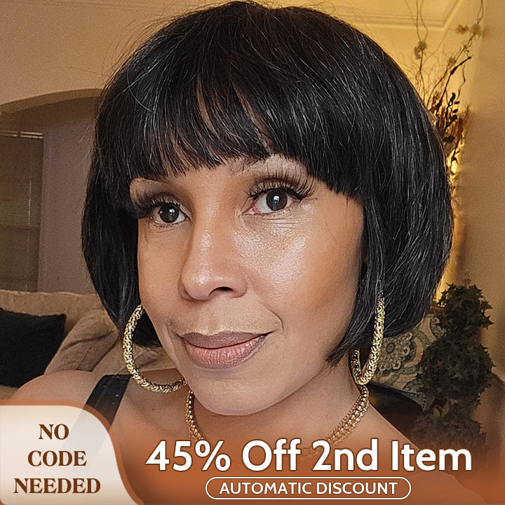 Trendy Salt & Pepper Natural Straight Wavy Bob Wear Go Glueless Human Hair Wigs With Bangs For Mature Women