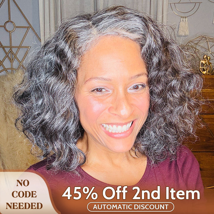 Medium Salt And Pepper Wig Water Wave Human Hair 5x5 Lace Bob Throw On & Go Wigs For Mature Women