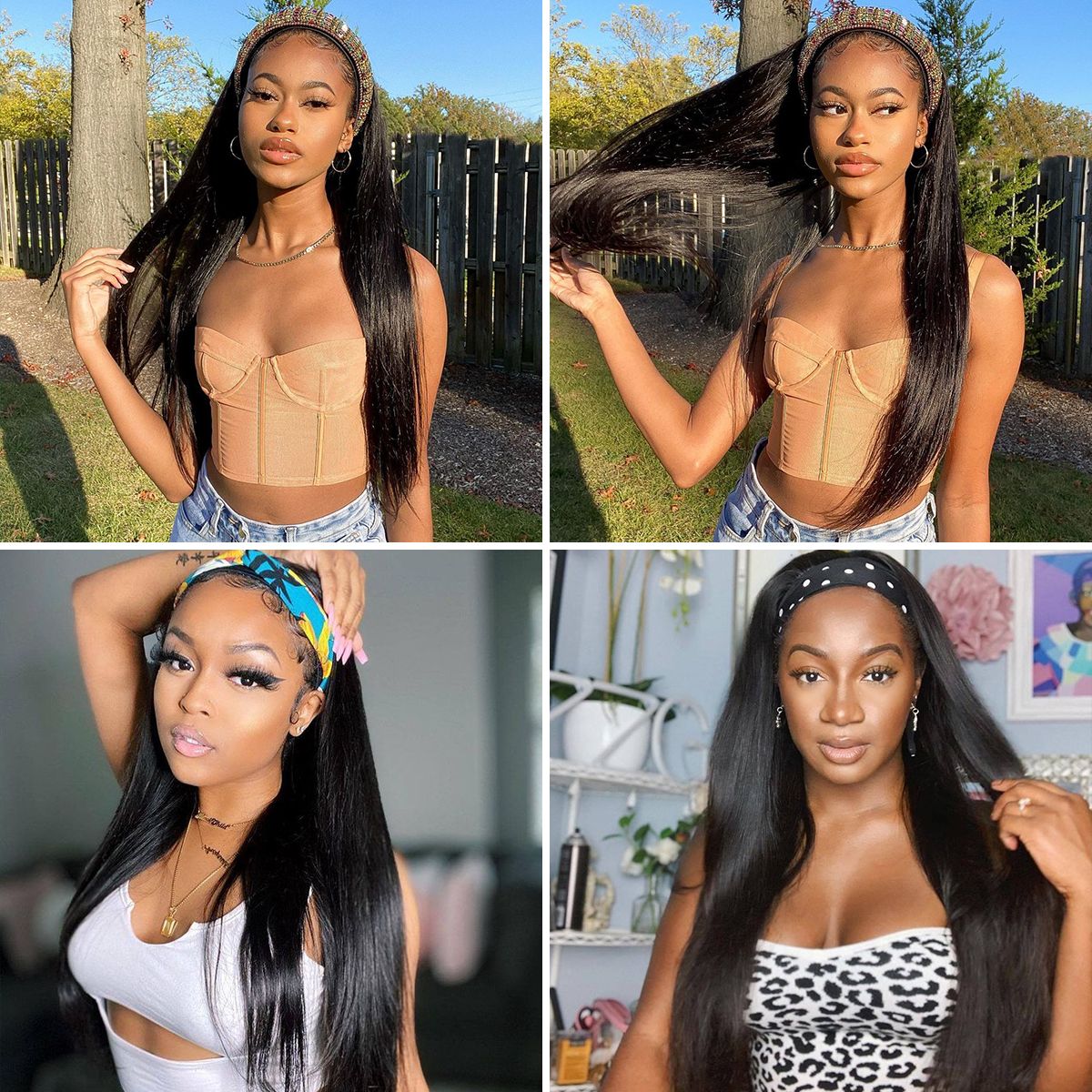 New Headband Wig Straight Human Hair Wigs 180% Density Beginner Friendly Half Wig