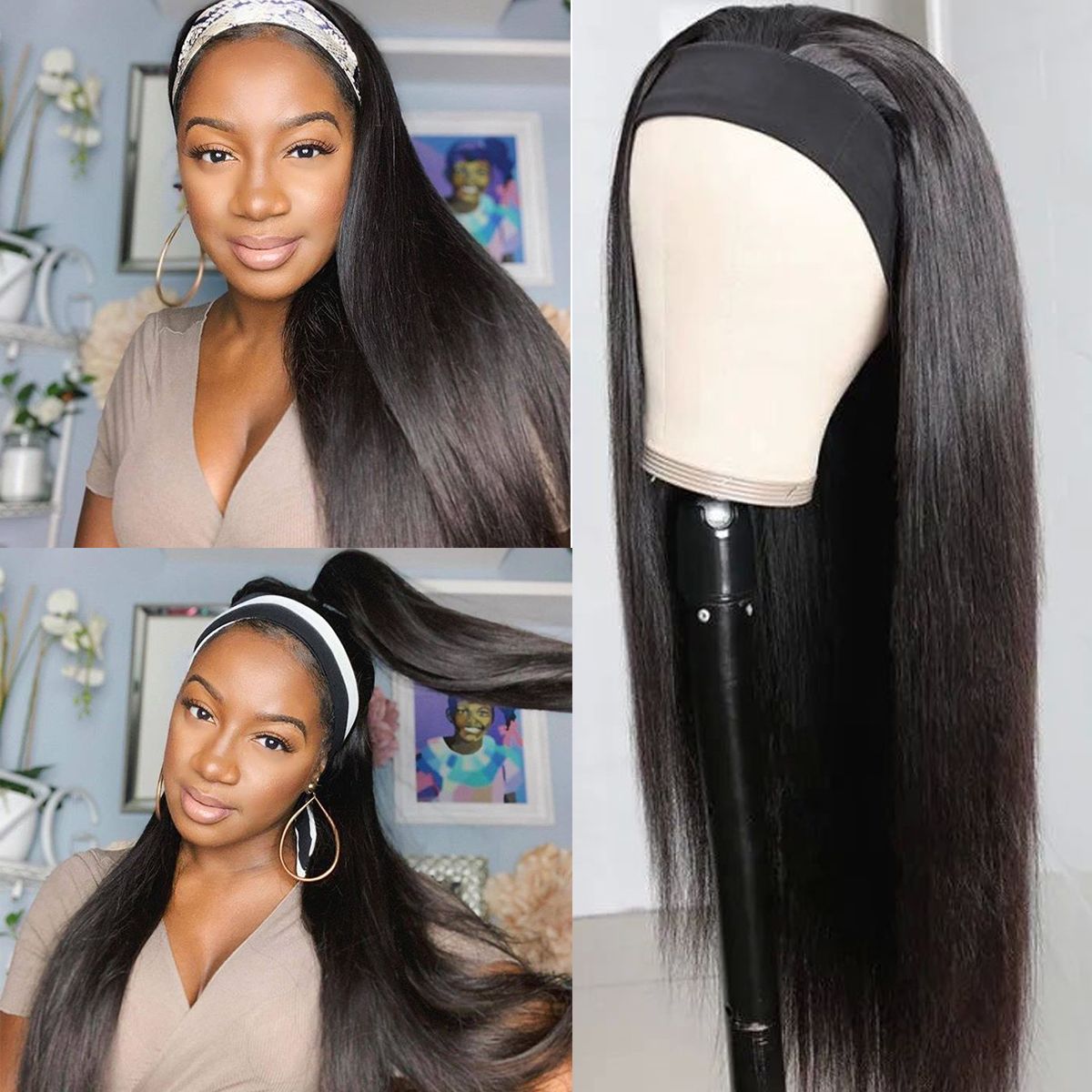 New Headband Wig Straight Human Hair Wigs 180% Density Beginner Friendly Half Wig
