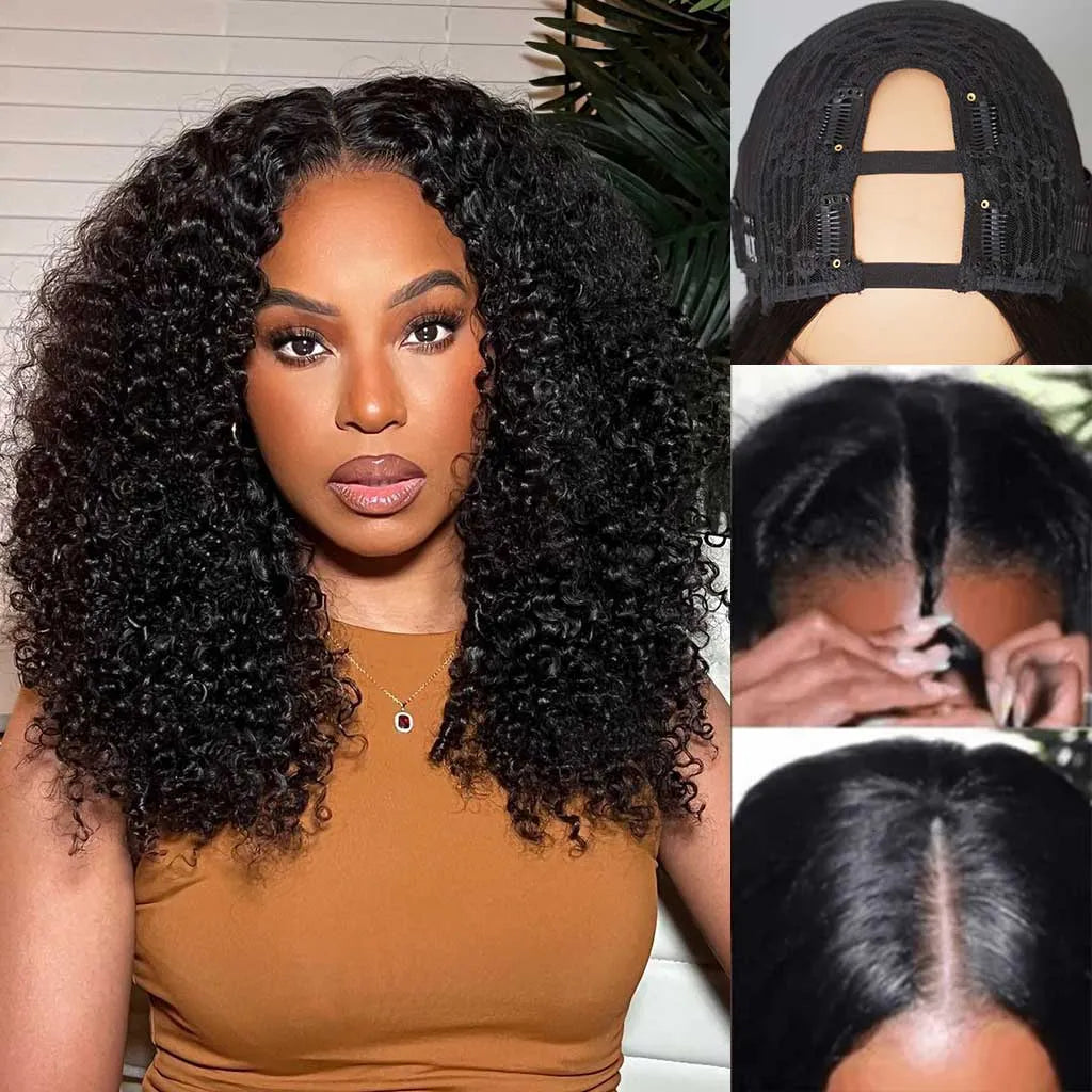 Curly U Part Wig Human Hair Half Wig Put On &amp; Go 180%