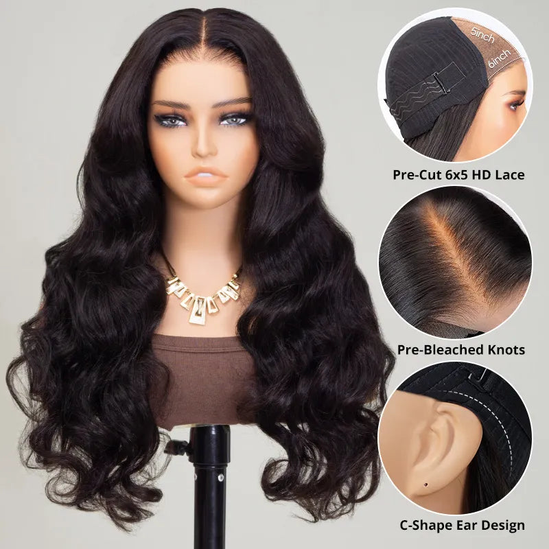 Ready To Go Pre-Cut 6x5 Lace Glueless Wig Body Wave Invisible Knots Natural Hairline