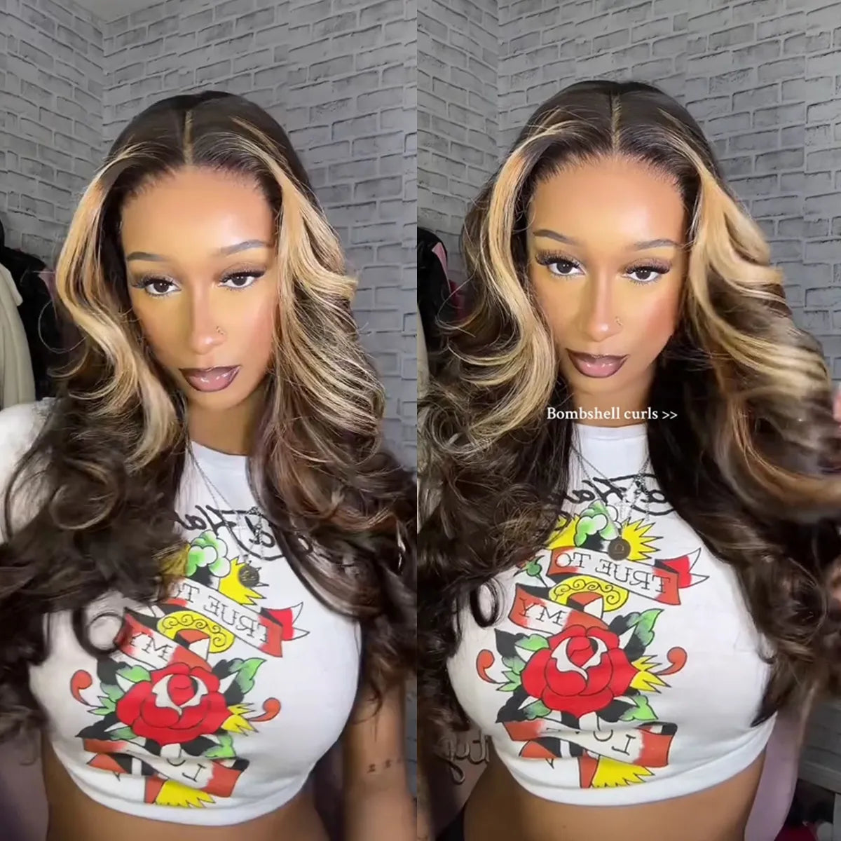 Glueless Highlight Brown With Honey Blonde Skunk Stripe Wig Pre-Cut 6x5 HD Lace &amp; Bleached Knots