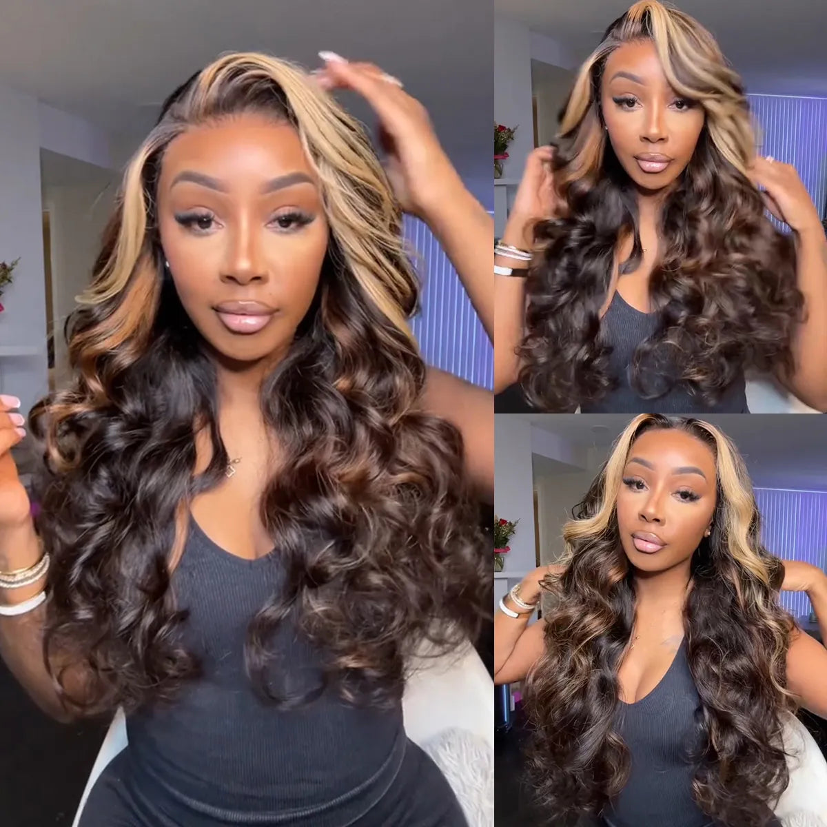 Glueless Highlight Brown With Honey Blonde Skunk Stripe Wig Pre-Cut 6x5 HD Lace &amp; Bleached Knots