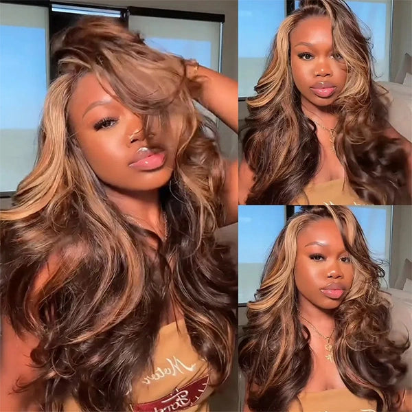Glueless Highlight Brown With Honey Blonde Skunk Stripe Wig Pre-Cut 6x5 HD Lace &amp; Bleached Knots