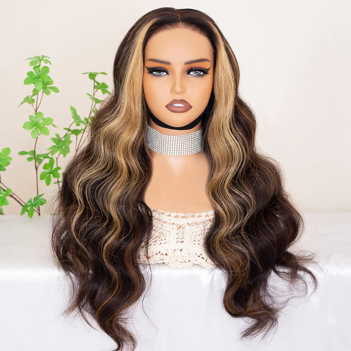 Glueless Highlight Brown With Honey Blonde Skunk Stripe Wig Pre-Cut 6x5 HD Lace &amp; Bleached Knots