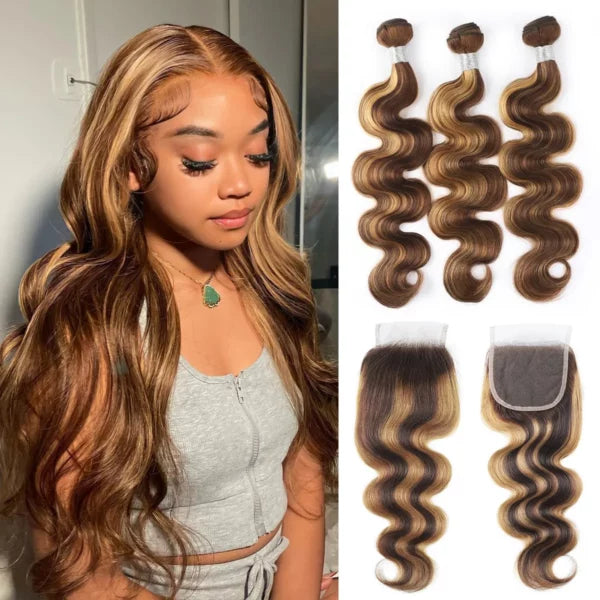 Honey Blonde Highlight Body Wave Hair 3 Bundles With 5x5 HD Lace Closure