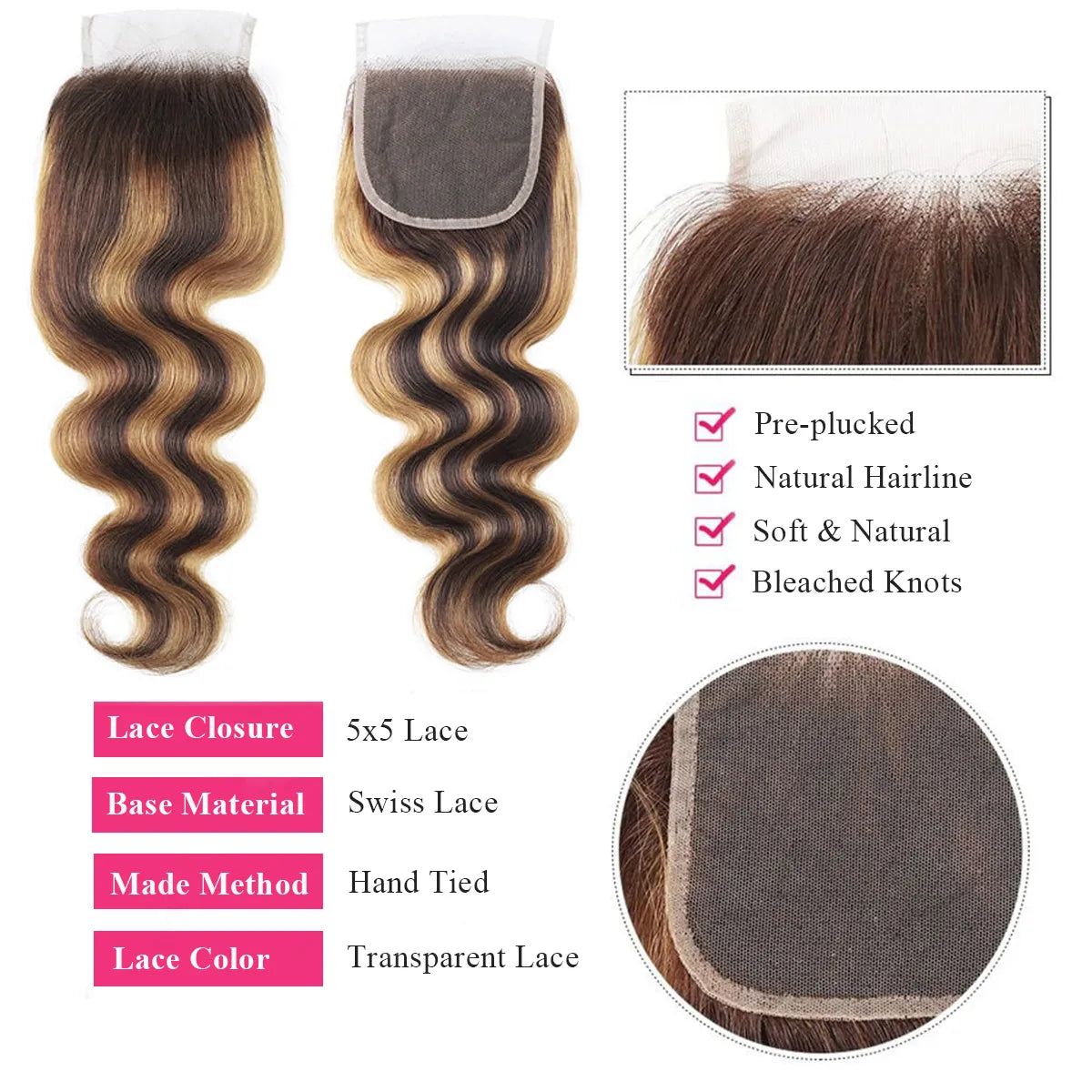 Honey Blonde Highlight Body Wave Hair 3 Bundles With 5x5 HD Lace Closure