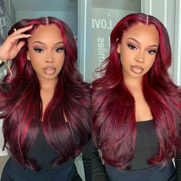 Dark Burgundy With Red Highlights Body Wave 13x4 HD Lace Frontal Wigs