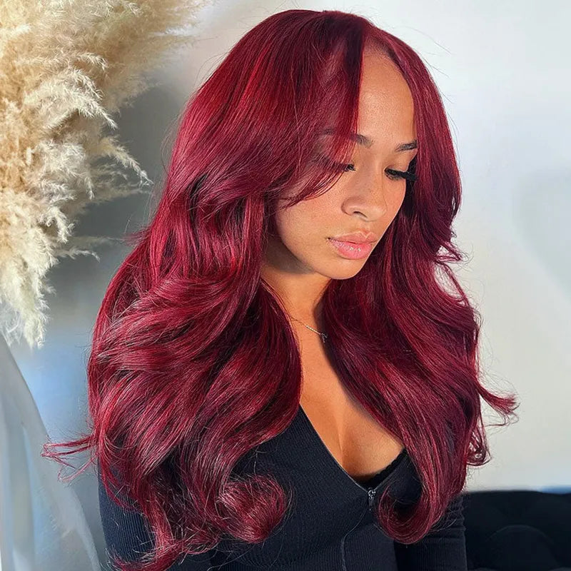 Curtain Bangs 99j Burgundy Body Wave Wig Glueless 6x5 Pre-Cut Lace Wig