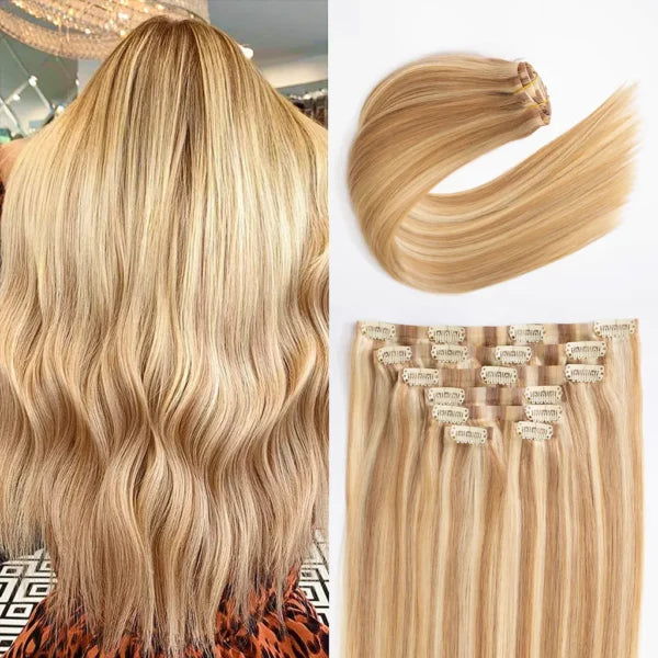 Blonde Highlight P16/613 Clip In Hair Extensions Straight Real Human Hair Seamless Blend 7pcs/pack