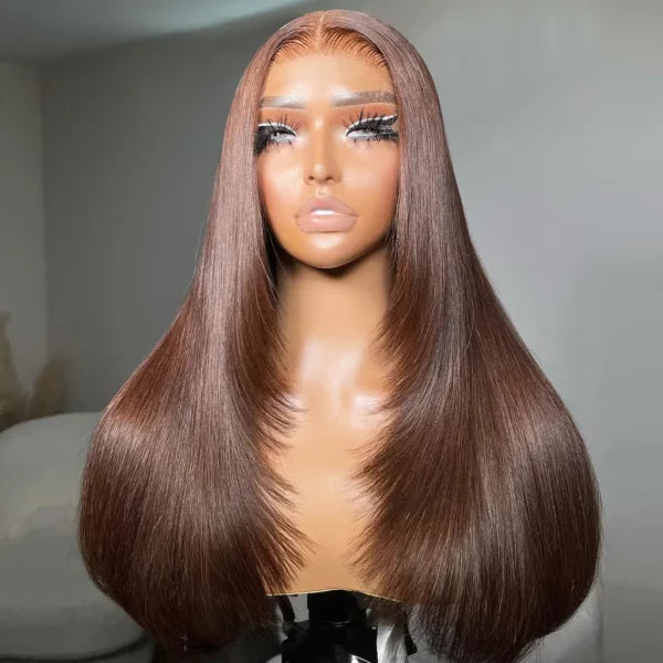 Layered Cut Dark Brown Glueless 6x5 Lace Straight Human Hair Wig Pre-Everything