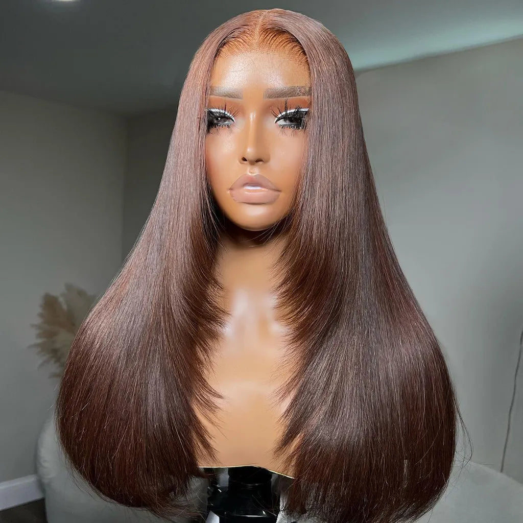 Layered Cut Dark Brown Glueless 6x5 Lace Straight Human Hair Wig Pre-Everything