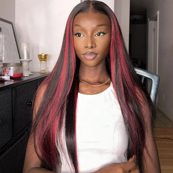 Burgundy Highlight With Dark Roots Straight 13x4 HD Lace Frontal Wigs
