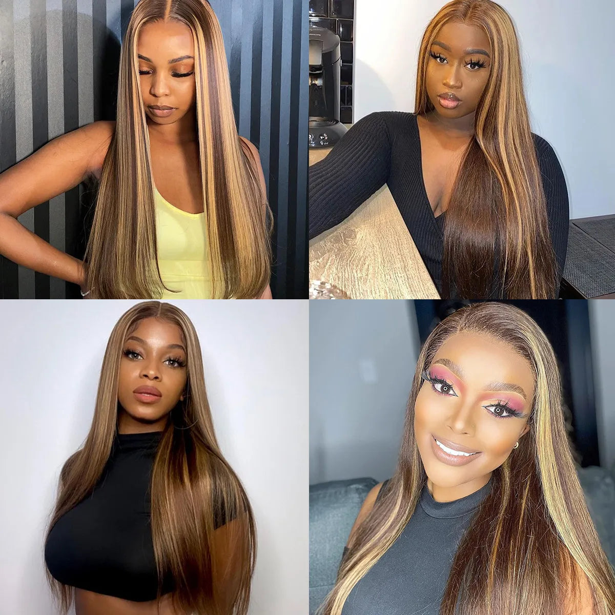 Highlight Brown Color Straight Hair 3 Bundles With 13x4 Lace Frontal