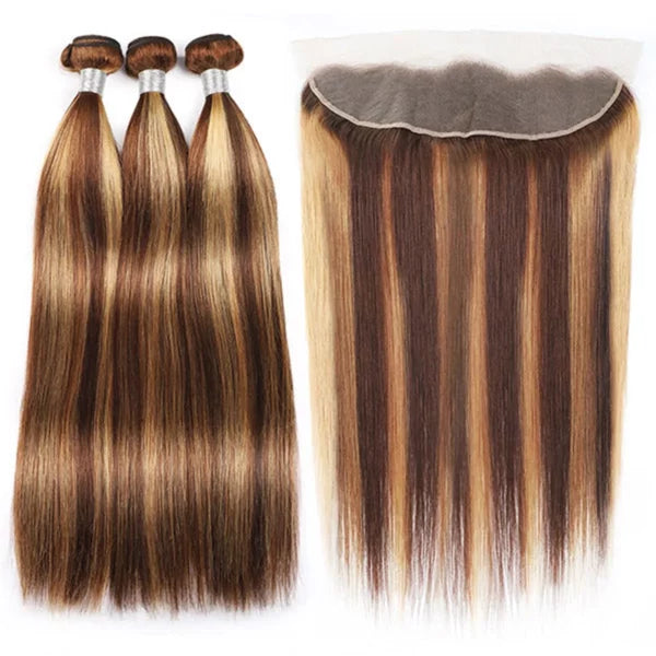 Highlight Brown Color Straight Hair 3 Bundles With 13x4 Lace Frontal