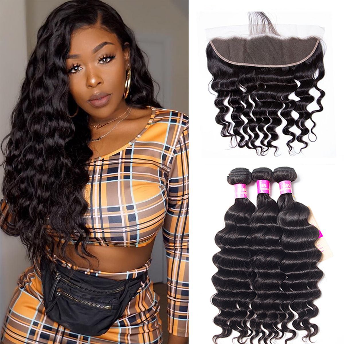 Loose Deep Virgin Human Hair 3 Bundles with 13x4 HD Lace Frontal