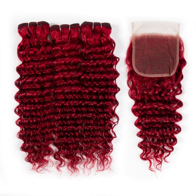 Red Human Hair Brazilian Deep Wave Bundles with Closure