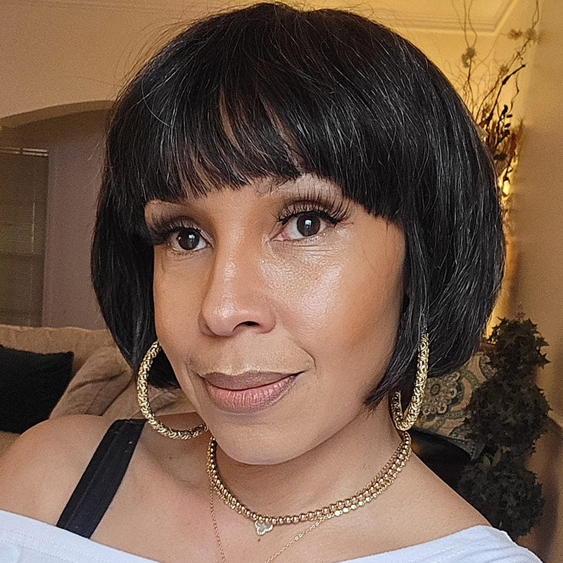 Trendy Salt & Pepper Natural Straight Wavy Bob Wear Go Glueless Human Hair Wigs With Bangs For Mature Women