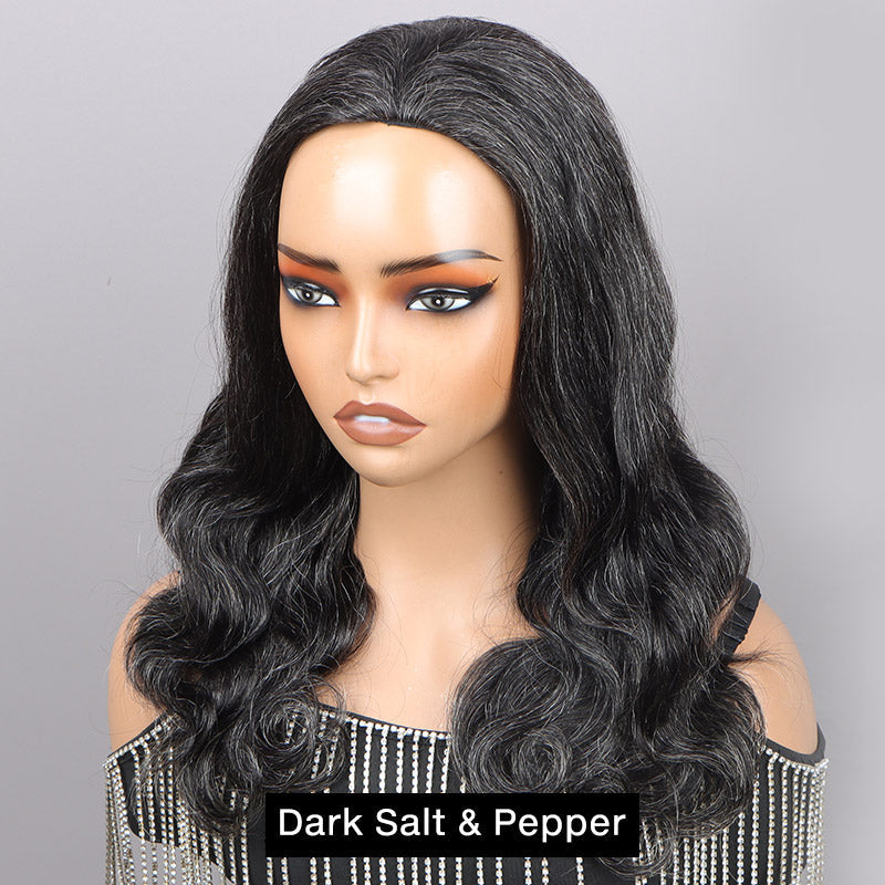 Medium Salt And Pepper Body Wave Human Hair 3 in 1 Half Wig Ready To Go Grey Wigs