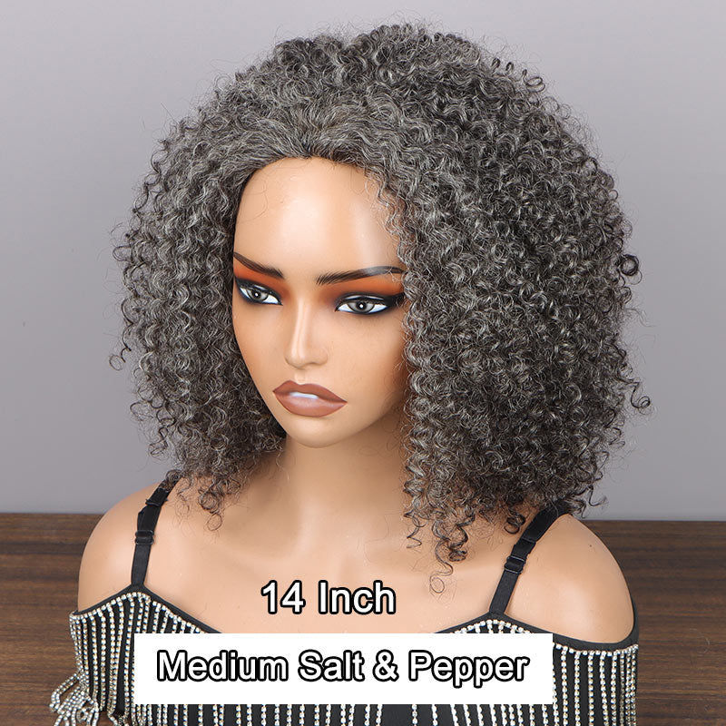 Salt & Pepper Kinky Curly 3 In 1 Half Wig Beginner Friendly Glueless 3/4 Wig 100% Human Hair