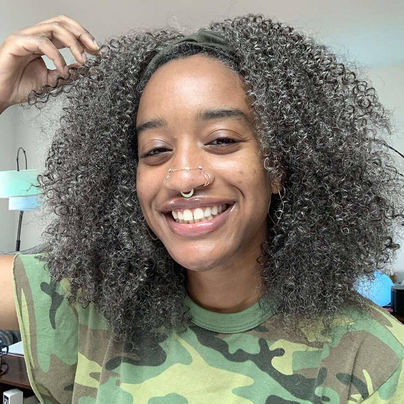 Medium Salt And Pepper Afro Curly Human Hair 3 In 1 Half Wig Ready To Go Wig For Older Women