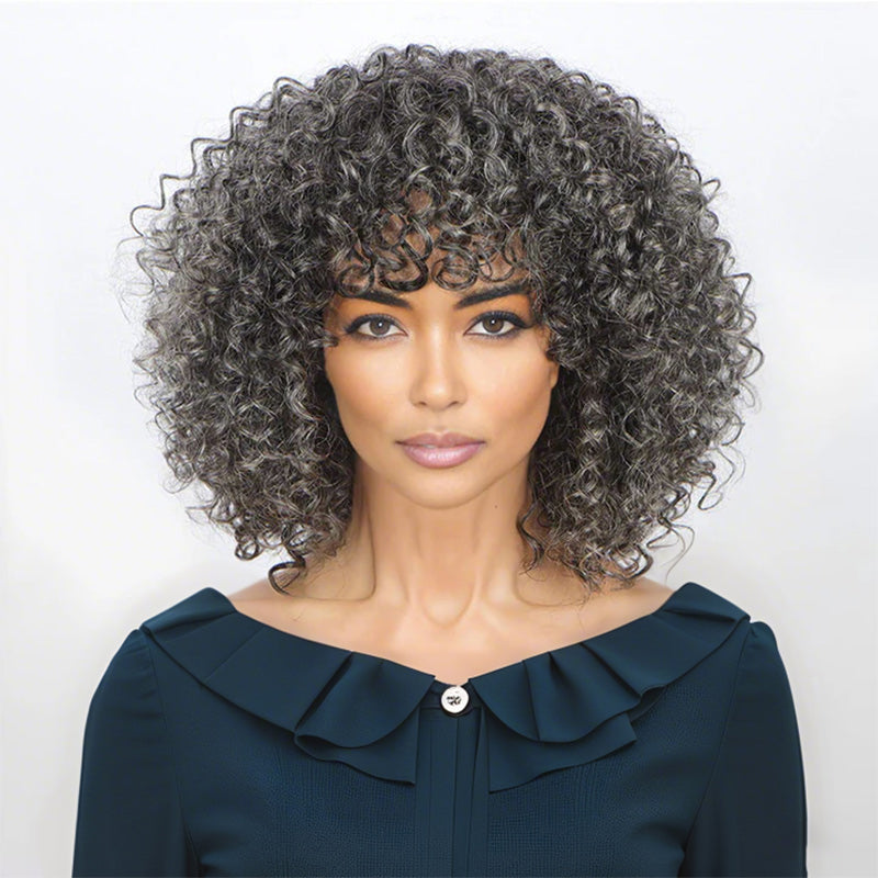 Dark Gray Curly Bob Wig With Bangs Glueless Wear & Go Human Hair Salt And Pepper Wigs
