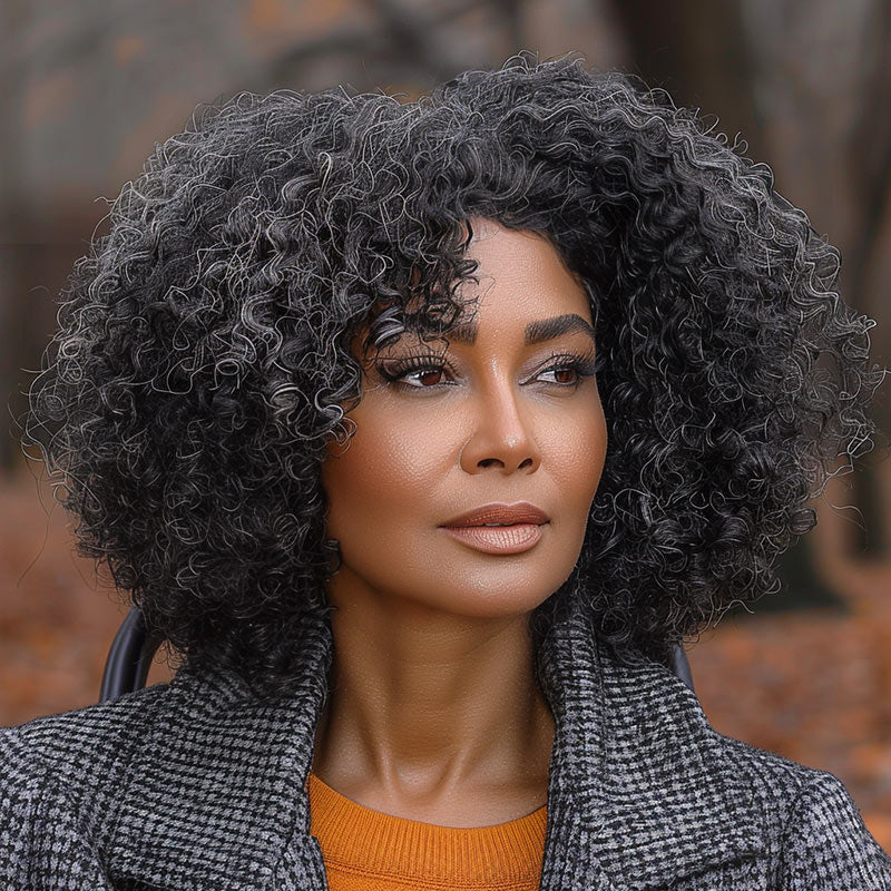 Seniors Medium Salt & Pepper Jerry Curly Bob Handmade 5x5 HD Lace Real Human Hair Wigs For Mom