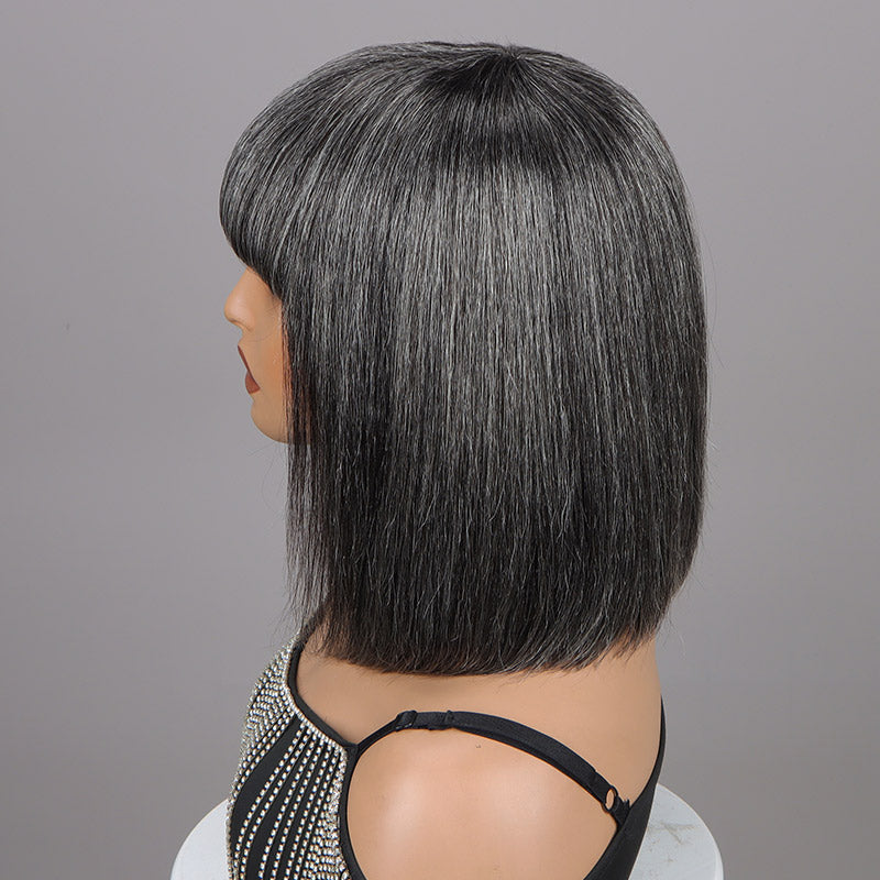 Chic Medium Salt & Pepper Straight Bob Wig With Bangs Real Glueless Human Hair Wigs For Women