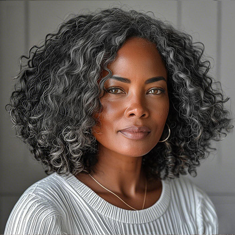 Medium Salt And Pepper Water Wave Bob Real Human Hair 5x5 Lace Wigs For Mature Women