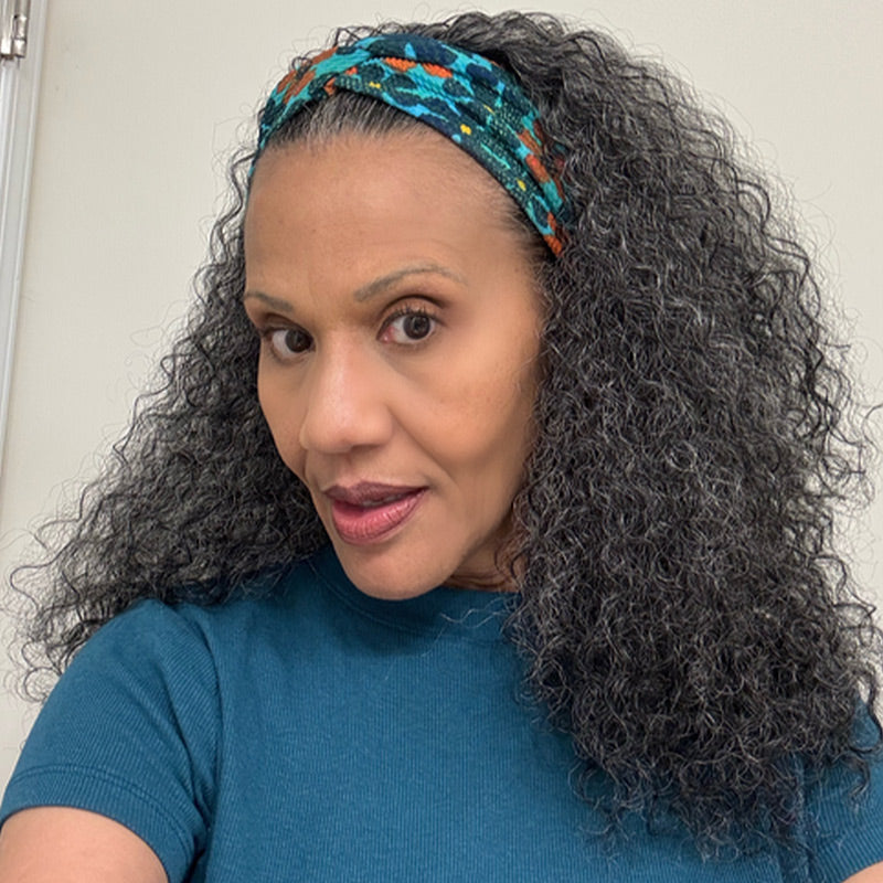 Medium Salt & Pepper Kinky Curly 100% Human Hair Headband Wig For Black Women Dark Sliver Grey