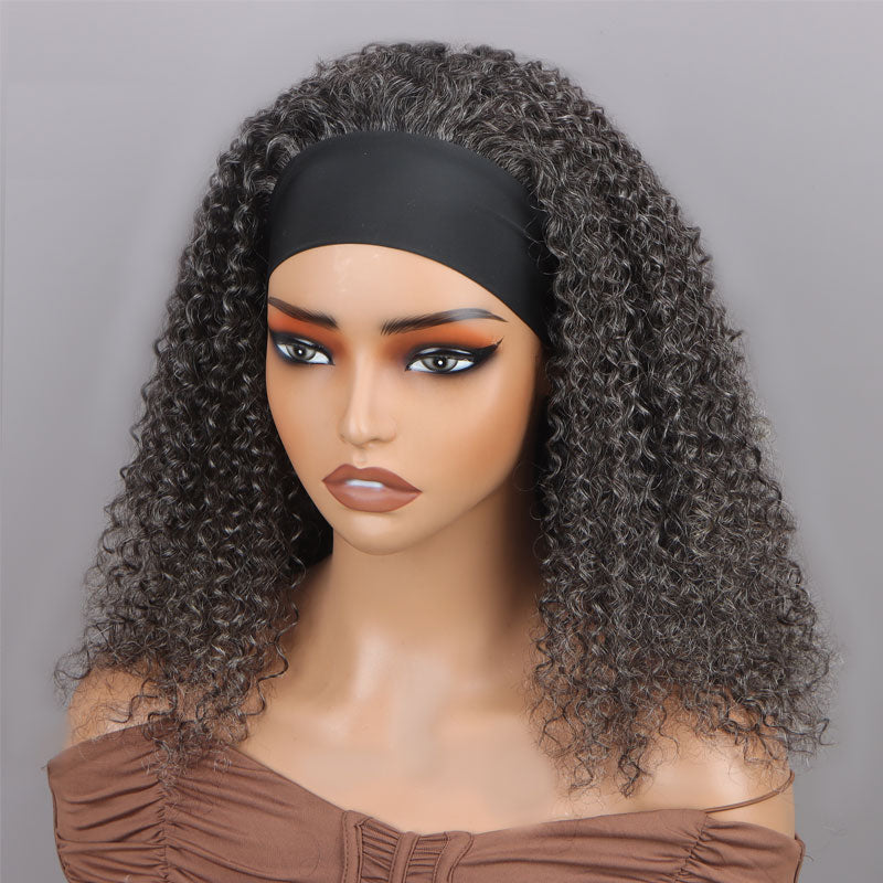 Medium Salt & Pepper Kinky Curly 100% Human Hair Headband Wig For Black Women Dark Sliver Grey