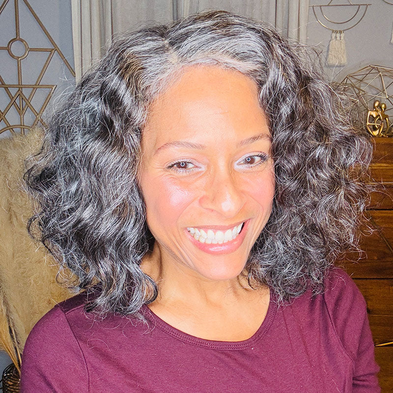 Medium Salt And Pepper Wig Water Wave Human Hair 5x5 Lace Bob Throw On & Go Wigs For Mature Women