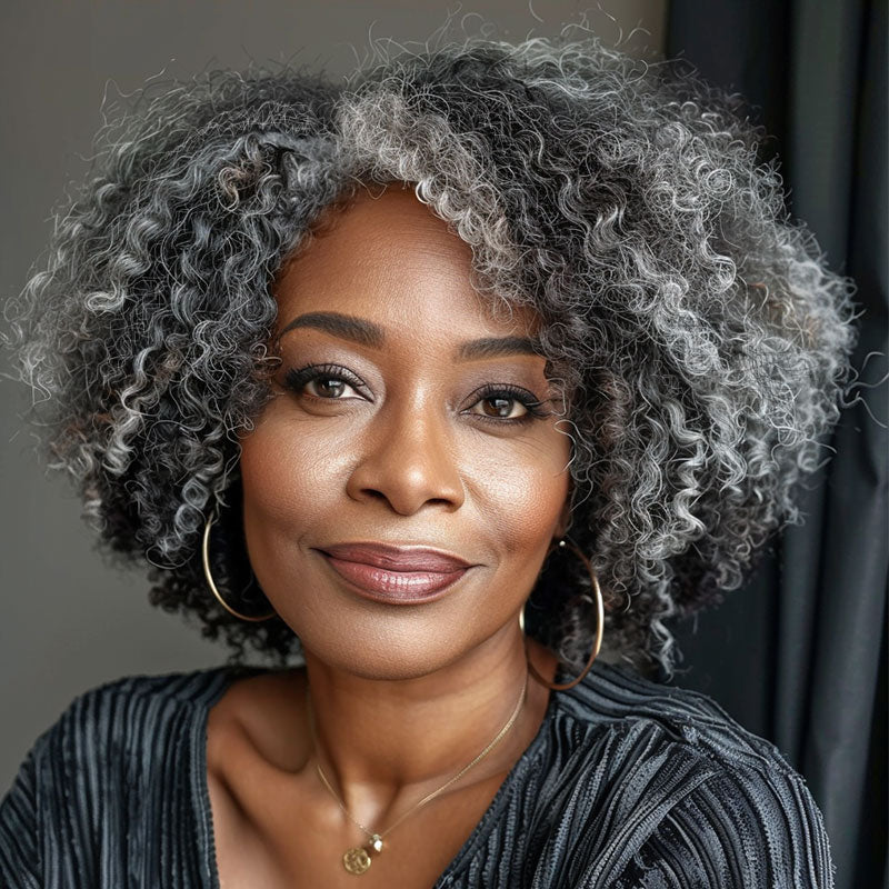 Salt & Pepper Kinky Curly 3 In 1 Half Wig Beginner Friendly Glueless 3/4 Wig 100% Human Hair