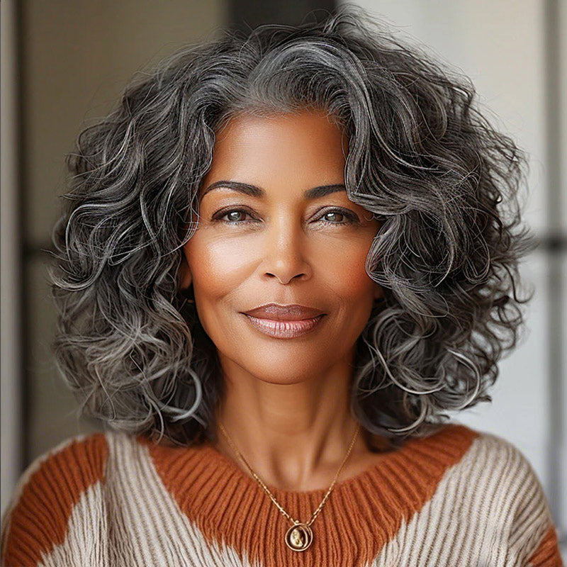 Attractive Seniors Salt And Pepper Human Hair Loose Wave Bob 5x5 HD Lace Wigs For Mom