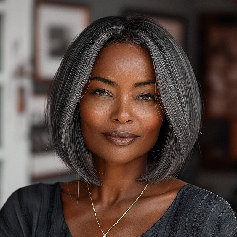 Glueless Ready To Go Salt And Pepper Wigs Silky Straight Bob Real Human Hair 5x5 Lace Wigs