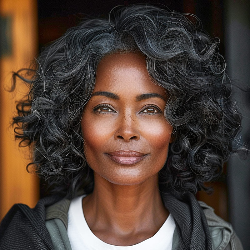 Versatile Salt & Pepper Big Curly Bob | Wear Go Glueless Human Hair Wig for Older Women-#DGW001C