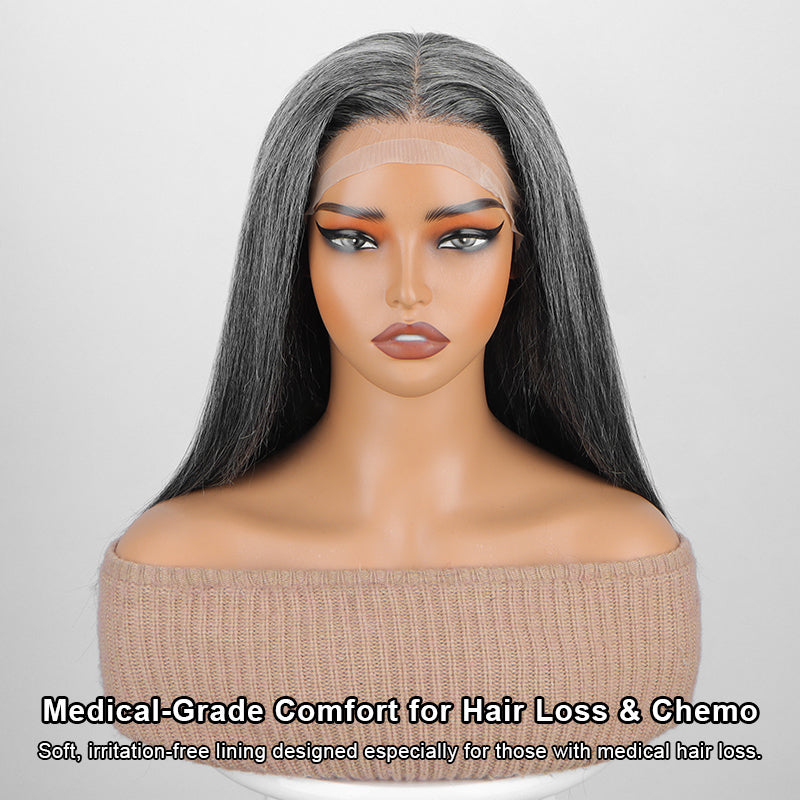 Glueless Medical Wig For Hair Loss Silk Top Full Lace Straight Human Hair Wigs Medium Salt & Pepper Gray Color