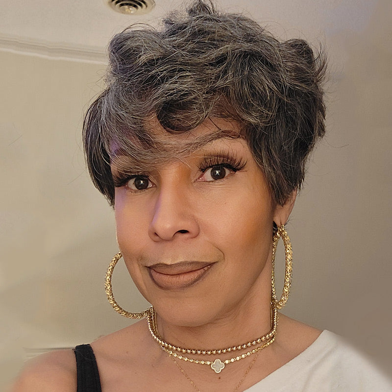 Short Tapered Pixie Haircut Wig Medium Salt And Pepper Natural Wave Human Hair Glueless Wigs For Older Women