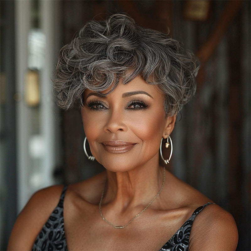 Short Tapered Pixie Haircut Wig Medium Salt And Pepper Natural Wave Human Hair Glueless Wigs For Older Women